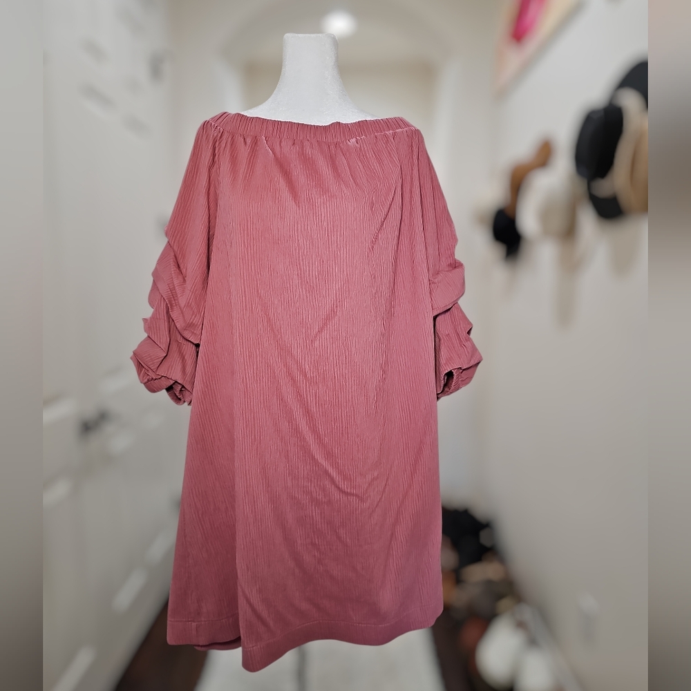 Mauve Pink Off-Shoulder Dress with Ruffle Sleeves